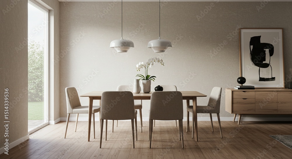 Fototapeta premium Dining room interior with table chairs pendant lights and artwork in neutral colors.