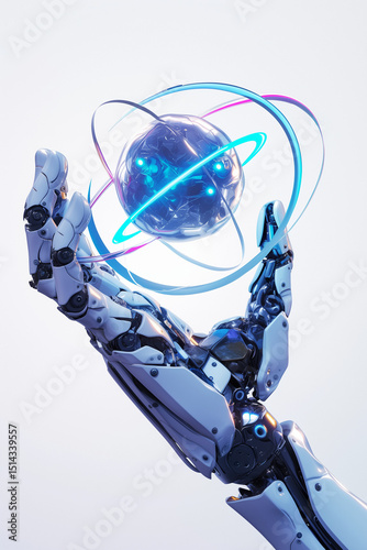 White Robotic Hand Grasping Atomic Structure with Blue and Purple Neon, 3D Hyperrealistic Rendering on Pure White Background