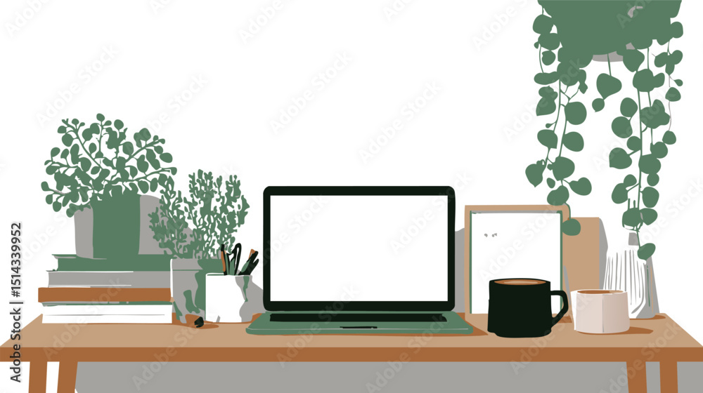 Fototapeta premium cozy workspace illustration with laptop and plants