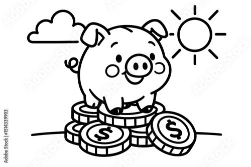 Coloring Page for Kids – Printable on Standard Paper – Cute Piggy Bank and Coins