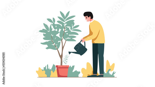 flat design vector of a man watering plants in a garden with green foliage and a watering can