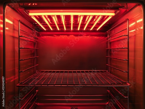 oven interior with red heating elements turned on for preheating before baking begins, electric oven for grilled food template