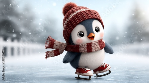Adorable Penguin Ice Skating in Winter Wonderland