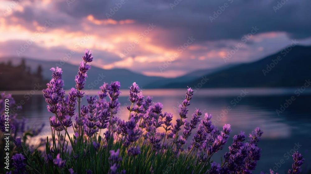 Naklejka premium Lavender blossoms flourish by the lakeside mountain at sunset creating a serene landscape