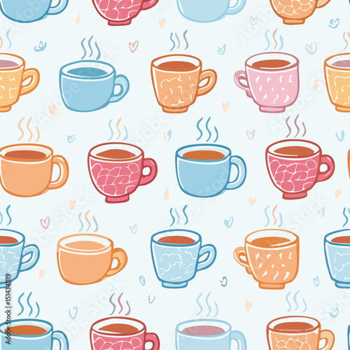 Pattern of coffee cups with steam rising from them. The cups are in various colors and sizes