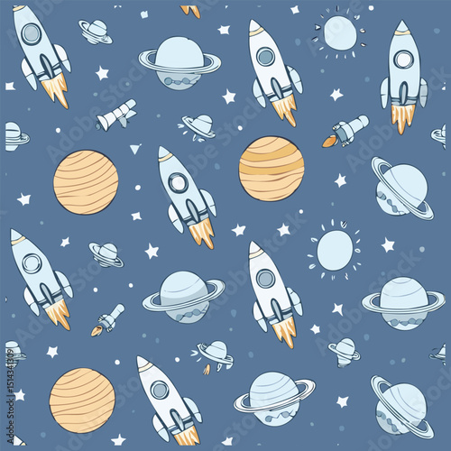 Blue and white background with a variety of rockets and planets scattered throughout