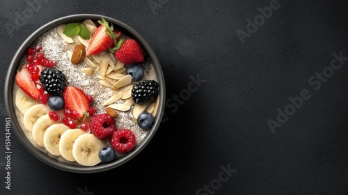 Healthy bowl of fresh seasonal fruit and nut medley perfect for an energy boosting breakfast or snack time