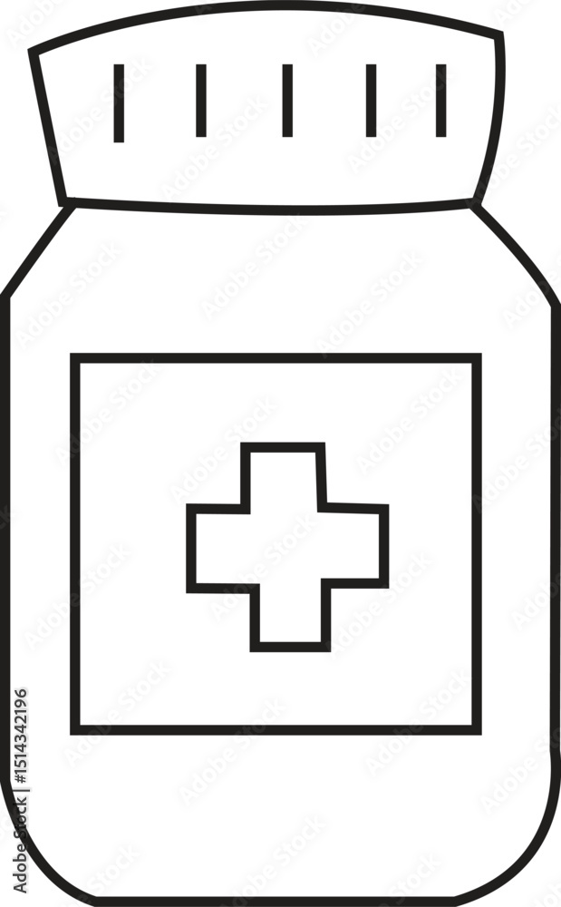 Fototapeta premium Minimalist Line Art Medicine Bottle Vector with Medical Cross – Health Supplement Icon for Pharmacy, Healthcare Apps, and Medical Packaging Design