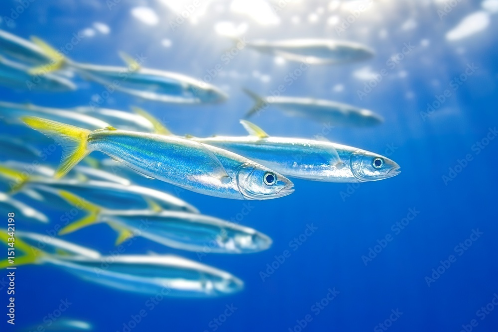School of mackerel swimming underwater in clear blue ocean School of mackerel swimming underwater in clear blue ocean