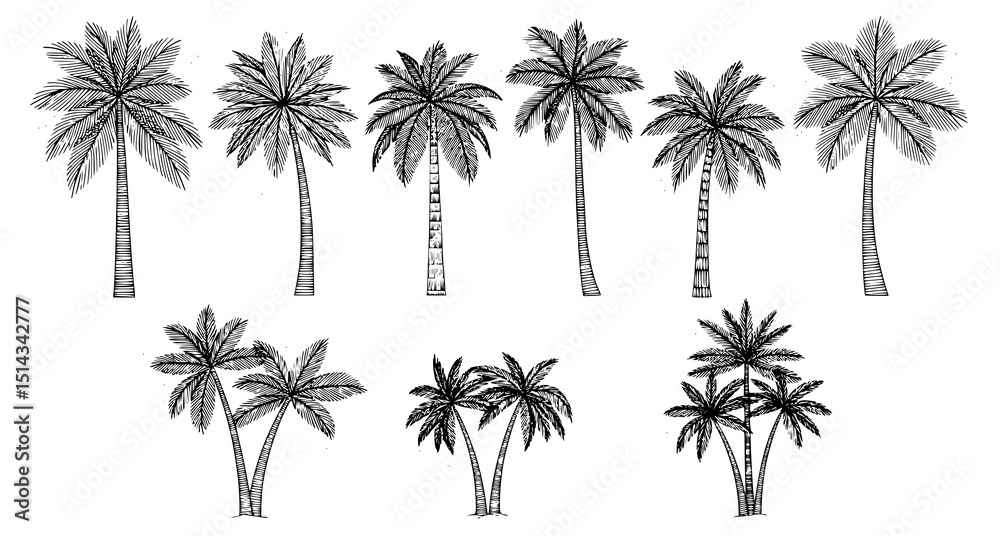 Obraz premium Palm trees on white background. Logo and print design templates, summer palms, tropical surfing concept, vacation and travel. Transparent PNG version.