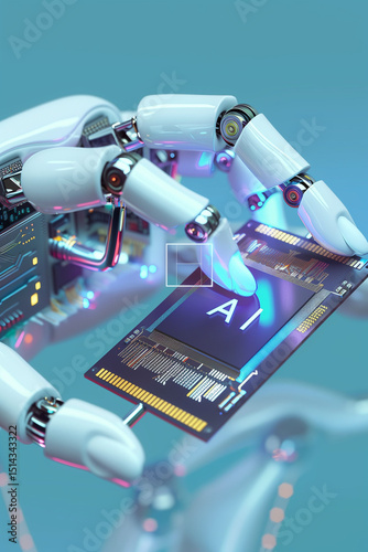 Robotic Arm Grasping Wire Frame Chip with AI Inscription, Symbolizing the Convergence of Technology and Intelligence