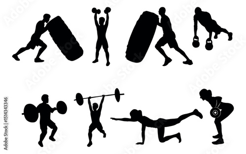 Set of Crossfit Silhouette in various poses isolated on white background