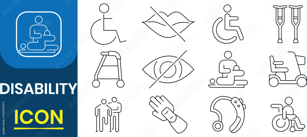 Obraz premium Disability icon vector set. Disability icon set with experience difficulties, society, wheelchair, accessibility, blind, broken leg, disabled, assistance, deafness icon. Vector illustration.