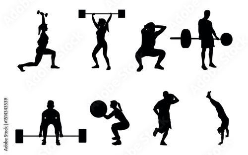 Set of Crossfit Silhouette in various poses isolated on white background
