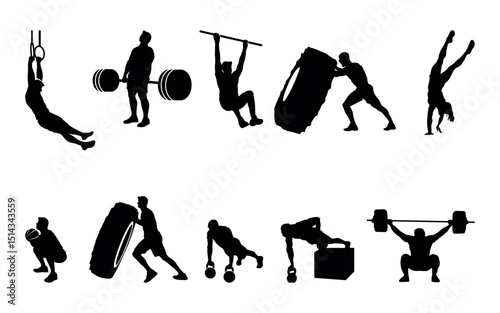 Set of Crossfit Silhouette in various poses isolated on white background