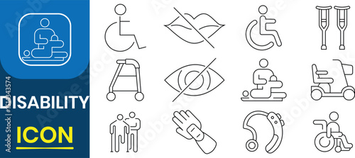 Disability icon vector set. Disability icon set with experience difficulties, society,  wheelchair, accessibility, blind, broken leg, disabled, assistance, deafness icon. Vector illustration.