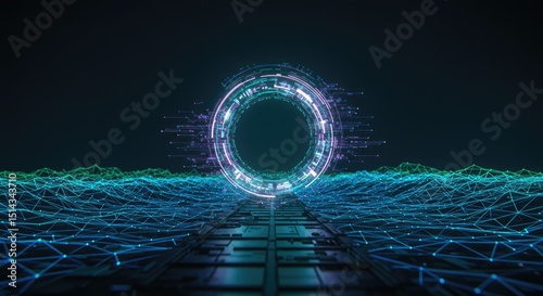 Fototapeta Naklejka Na Ścianę i Meble -  Futuristic portal through a digital landscape.  A glowing circular portal, turquoise and violet hues, transcends a network of interconnected lines on a dark surface