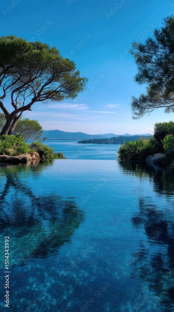 Obraz premium Serene ocean view blends with an infinity pool surrounded by lush vegetation offering a tranquil vacation getaway