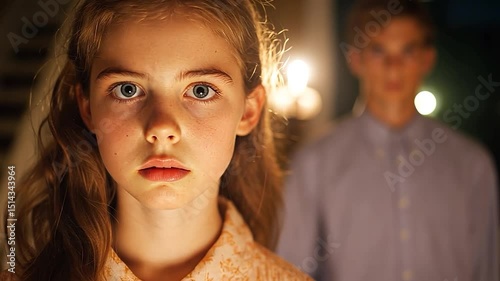 Young girl with apprehensive expression, another person blurred in background, indoor setting, warm lighting, suspenseful mood