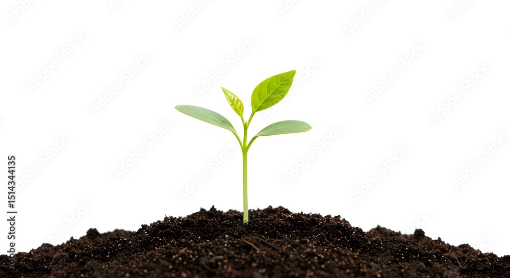 Fototapeta premium Small green plant seedling sprouting from soil, symbolizing new life and growth in nature