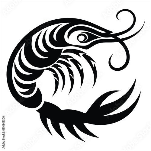Simple shrimp silhouette vector illustration, shrimp fish silhouette vector illustration, Shrimp illustration design, Shrimp sea animal silhouette black Vector artwork illustration