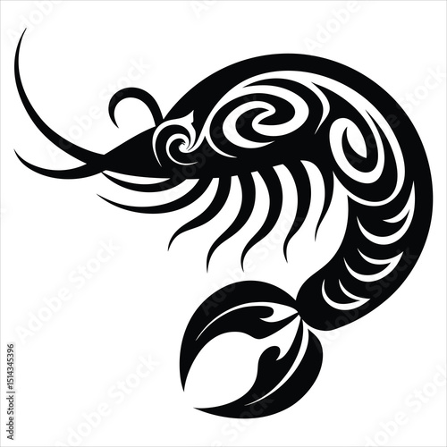 Simple shrimp silhouette vector illustration, shrimp fish silhouette vector illustration, Shrimp illustration design, Shrimp sea animal silhouette black Vector artwork illustration