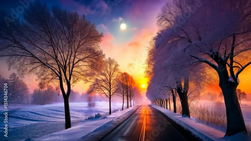 A Serene Winter Road at Sunset with Snow-Covered Trees and a Full Moon