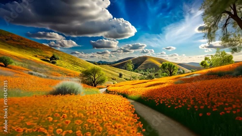 Winding Path Through Golden Fields and Rolling Hills Beneath a Majestic Sky
