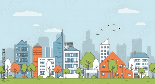Vector illustration of a vibrant urban cityscape with diverse buildings, houses, and trees under a clear sky, capturing the essence of a lively town