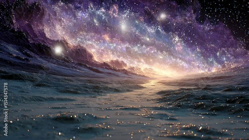 Mystical Starry Sky over a Fantasy Landscape, a Cosmic Journey into Another World