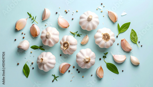 Top view of garlic on a skyblue background. Healthy ingredients garlic. photo