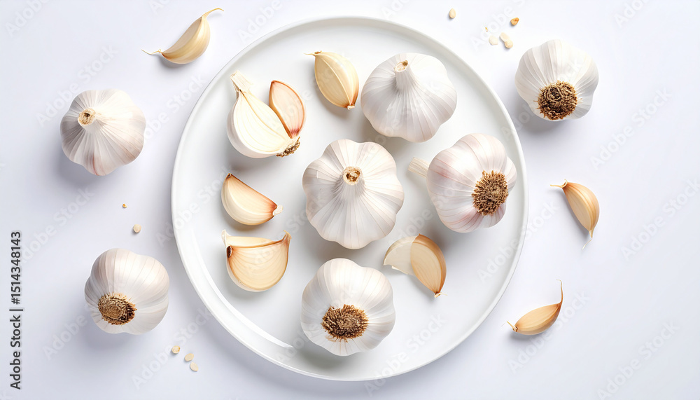 Naklejka premium Top view of garlic on a white plate and background. Healthy ingredients garlic.