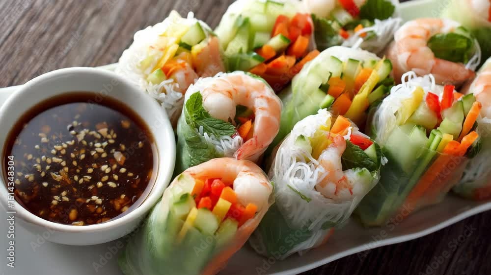 Fresh shrimp spring roll with vegetable vermicelli and dipping sauce on white plate