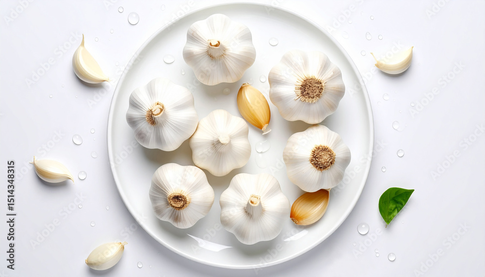 Fototapeta premium Top view of garlic on a white plate and background. Healthy ingredients garlic.