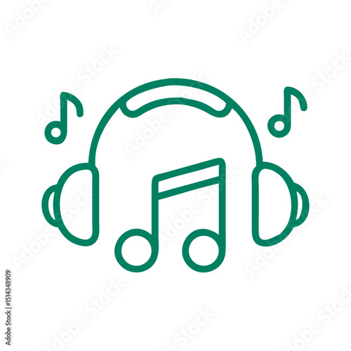 Headphones with musical notes icon, minimalist design, green outline on white background, vector illustration
