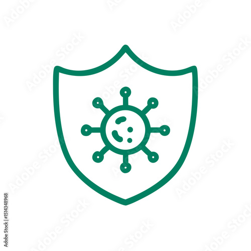 Shield with virus icon, minimalist design, green outline on white background, vector illustration