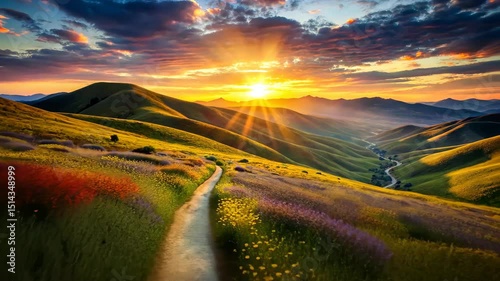 Golden Hour Hike Through a Vibrant Wildflower Meadow in the Rolling Hills