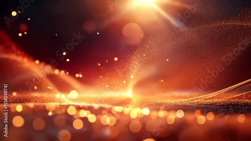 Golden particles dance in a luminous bokeh background with light rays