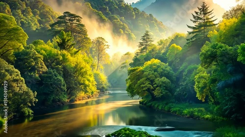 Serene river flows through a misty, sunlit forest, creating a breathtaking natural scene.
