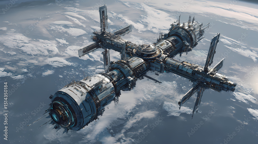Obraz premium technical boardgame cover art | machine elegance | mission-focused calm | metallic greys and cyans | heroic wide shot | rocket schematics | structural frame detailing | instrumental detail rendering