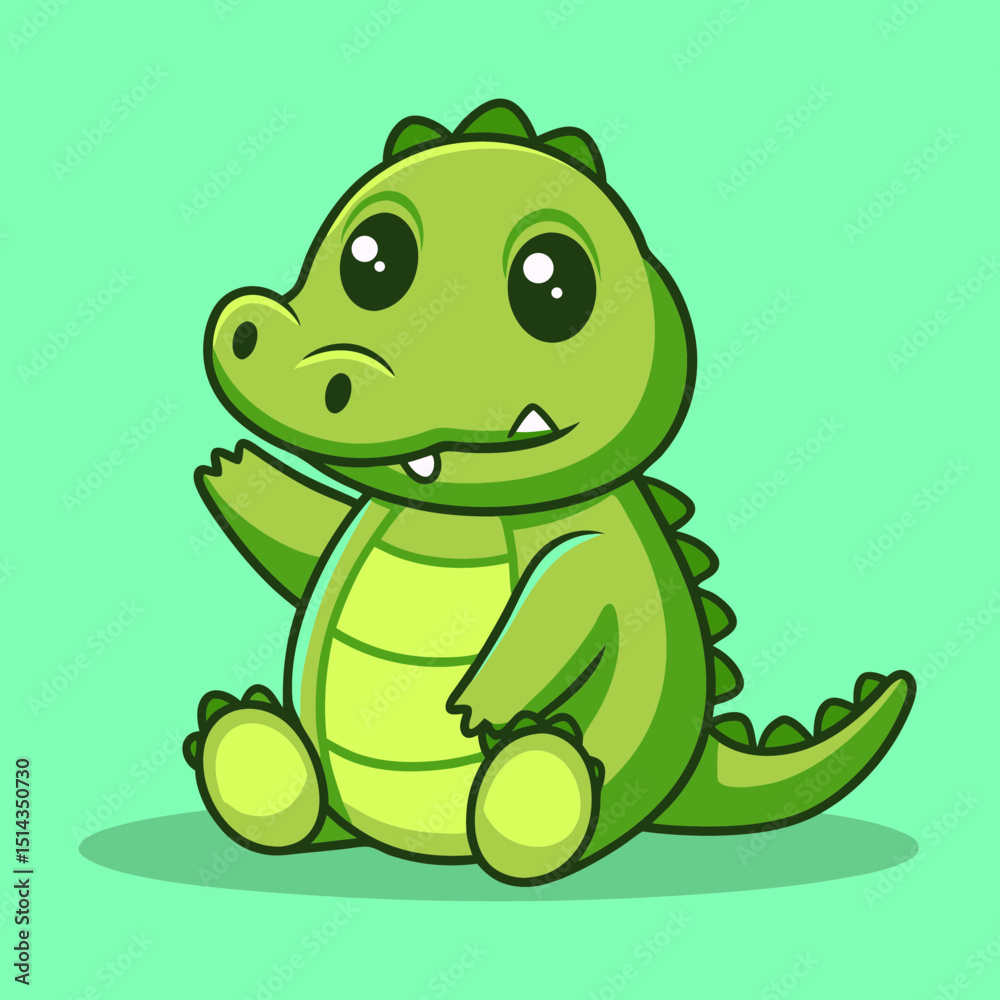 Fototapeta premium Cute Baby Crocodile Cartoon Character Sitting and Waving on Green Background