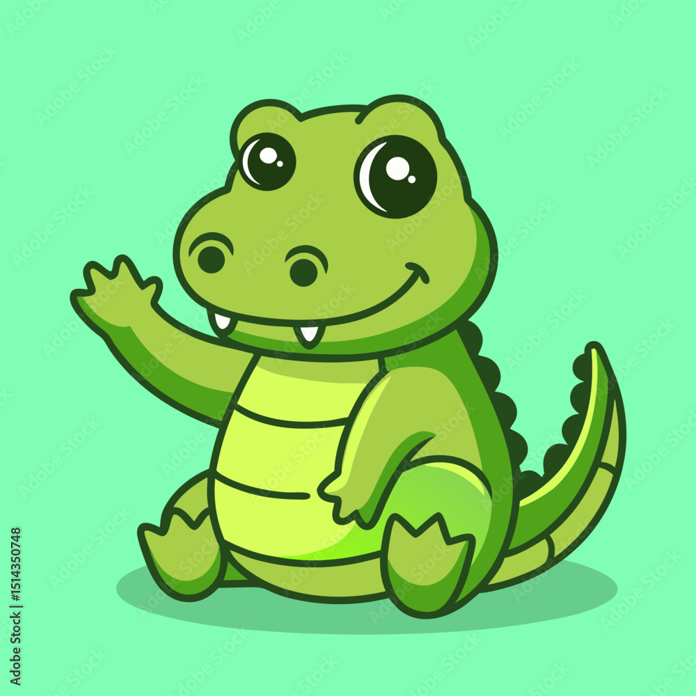 Fototapeta premium Cute Baby Crocodile Cartoon Character Sitting and Waving on Green Background