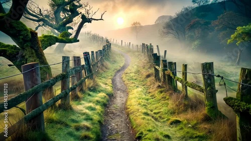 Tranquil Path Through Misty Meadow at Sunrise A Serene Journey into Nature