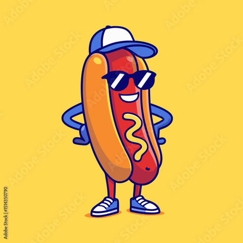 Cool Cartoon Hotdog Character with Sunglasses and Cap on Yellow Background