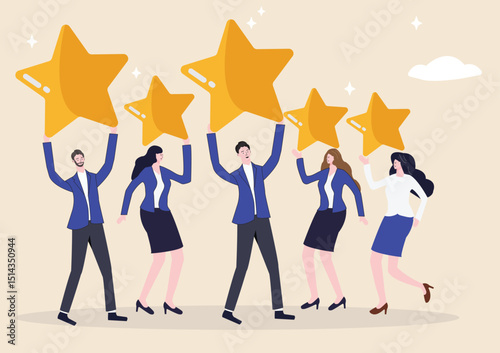 Employee survey, customer feedback, performance review, five-star service, exceptional experience, feedback and engagement, business professionals holding five-star ratings.