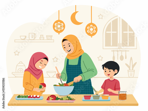 Mother and Children Preparing Qurban Meat – Eid al Adha Cartoon