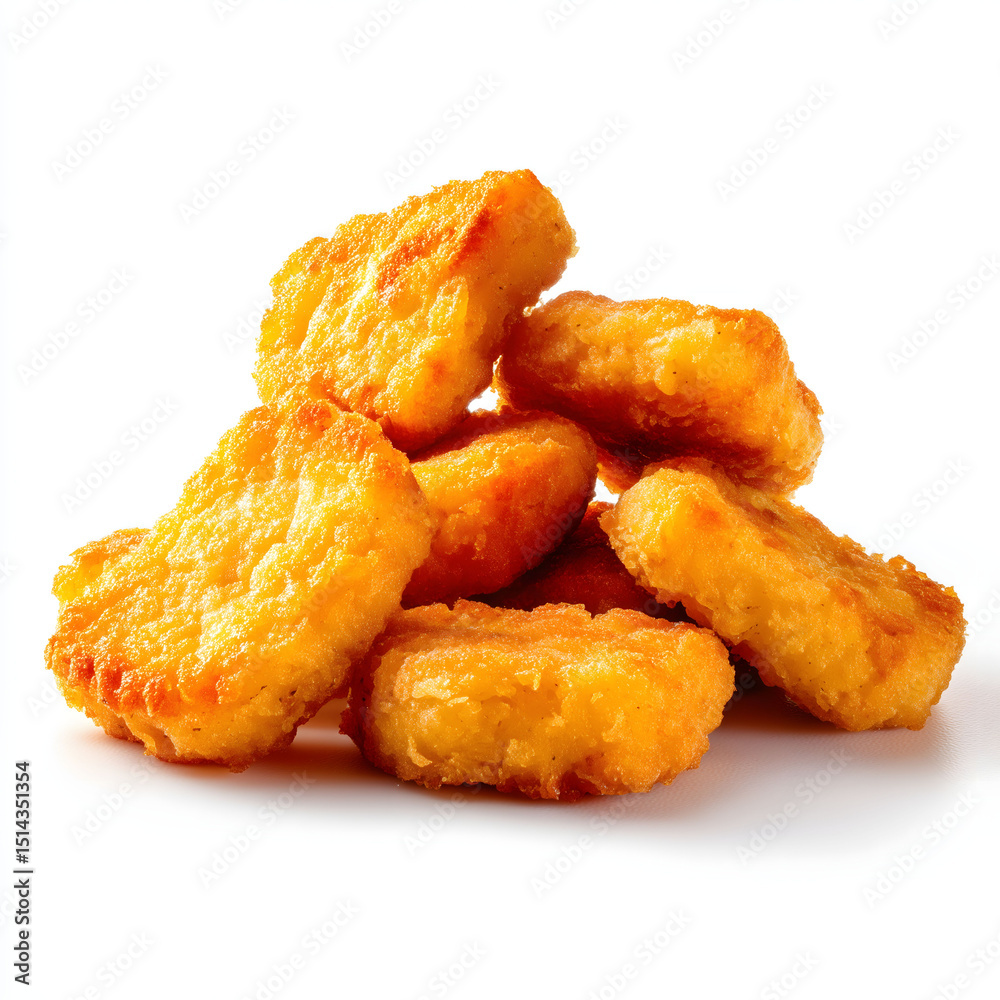 a detailed studio image of chicken nuggets isolated on white background showing texture and color with high resolution and spacious layout a detailed studio image of chicken nuggets isolated on white background showing texture and color with high resolution and spacious layout