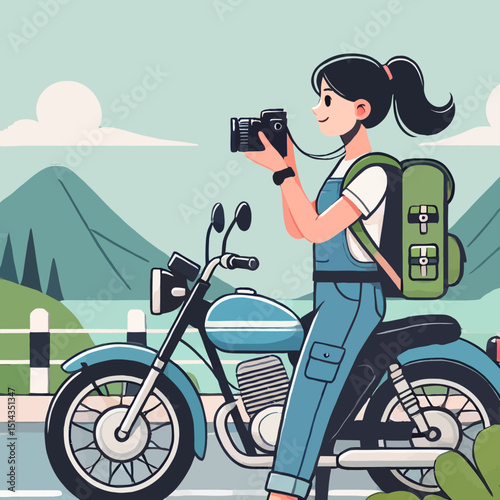 Female Traveler Taking Pictures on Motorcycle with Mountain Background in Scenic Landscape