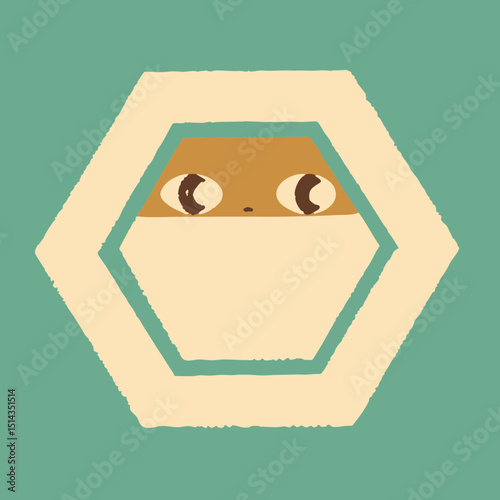 Illustration of a cat face peeking out from a hexagon shape