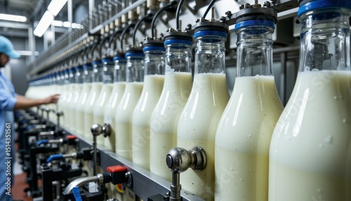 Milk bottles filling line in dairy factory during production process  